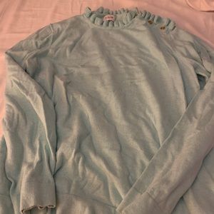 JCrew teal ruffle sweater with gold buttons